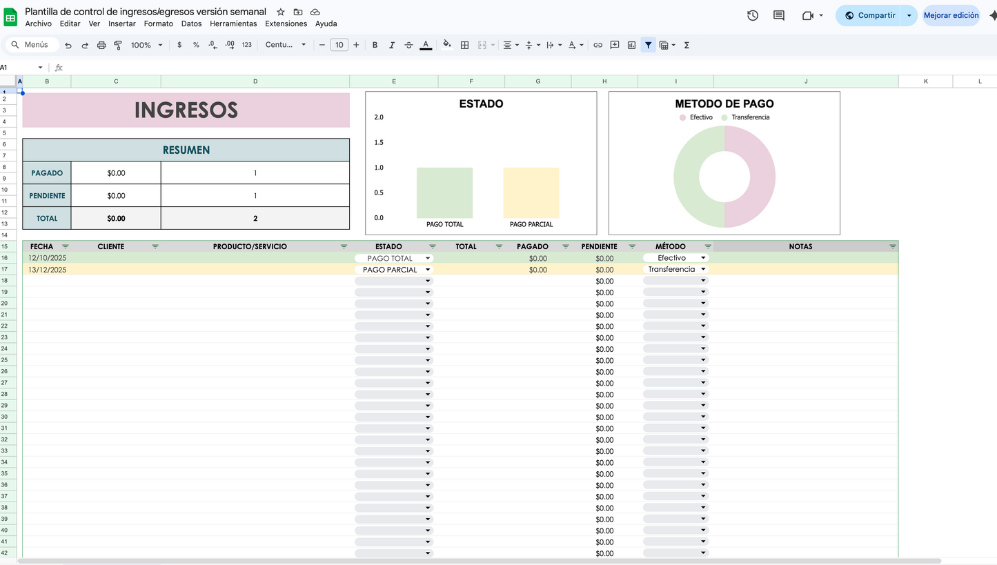 Plantilla de control de ingresos/egresos semanal